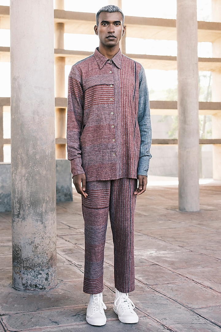 Brick Hand Spun Cotton Striped Shirt by Urvashi Kaur at Pernia's Pop Up Shop