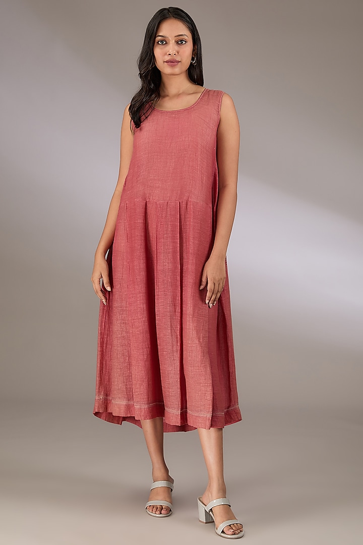 Red Linen Silk Block Printed Box Pleated Dress by Urvashi Kaur at Pernia's Pop Up Shop