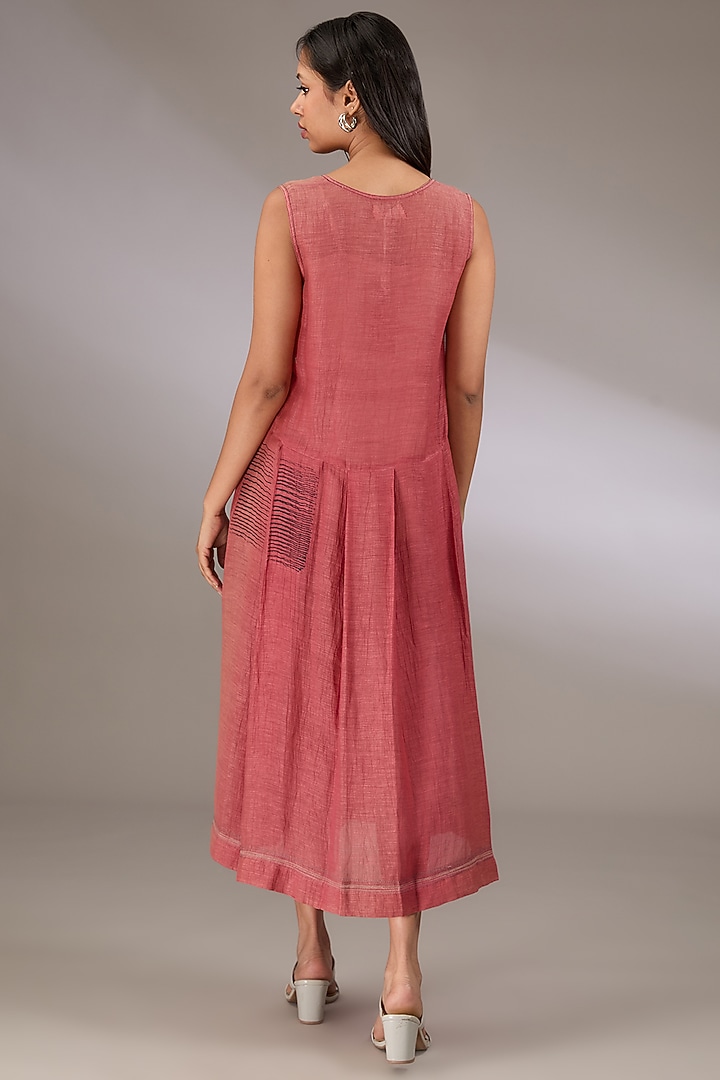 Red Linen Silk Block Printed Box Pleated Vacation Dress by Urvashi Kaur at Pernia's Pop Up Shop