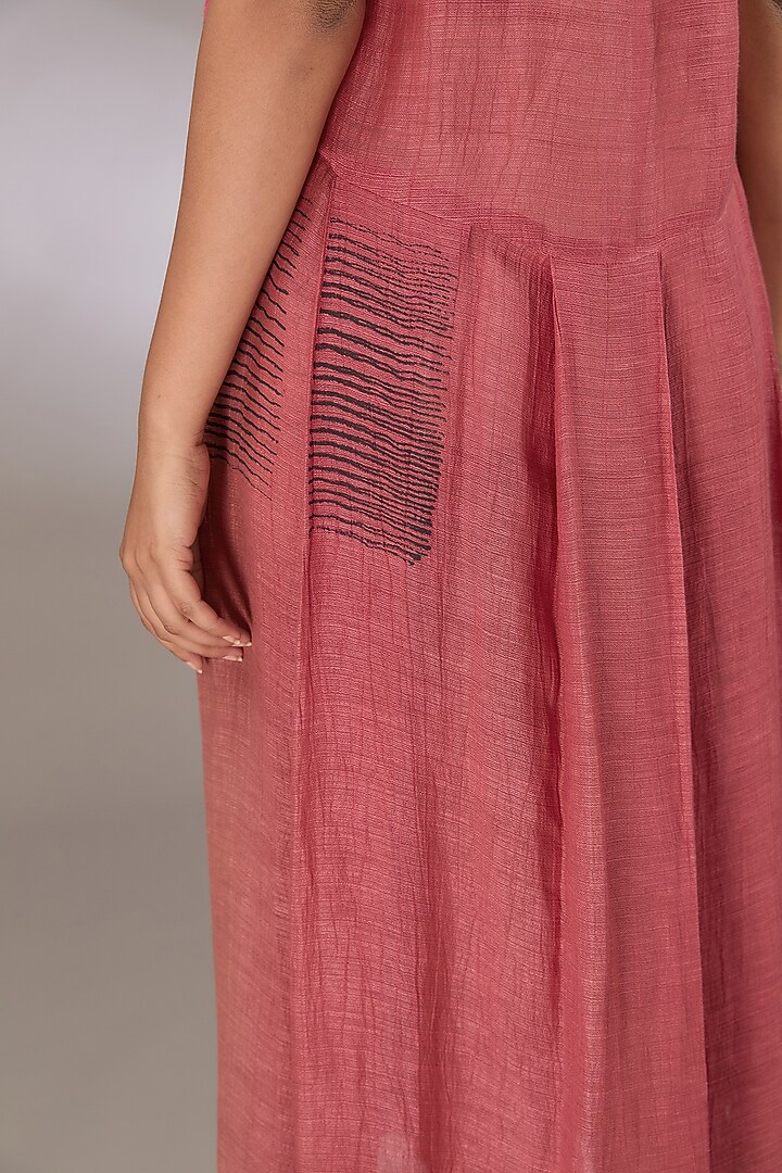 Red Linen Silk Block Printed Box Pleated Vacation Dress by Urvashi Kaur at Pernia's Pop Up Shop