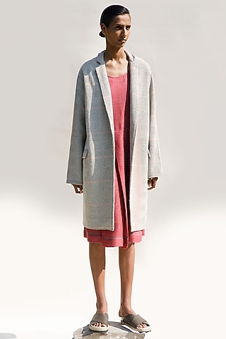 Cream Shell Handloom Cotton Block Printed Oversized Jacket by Urvashi Kaur