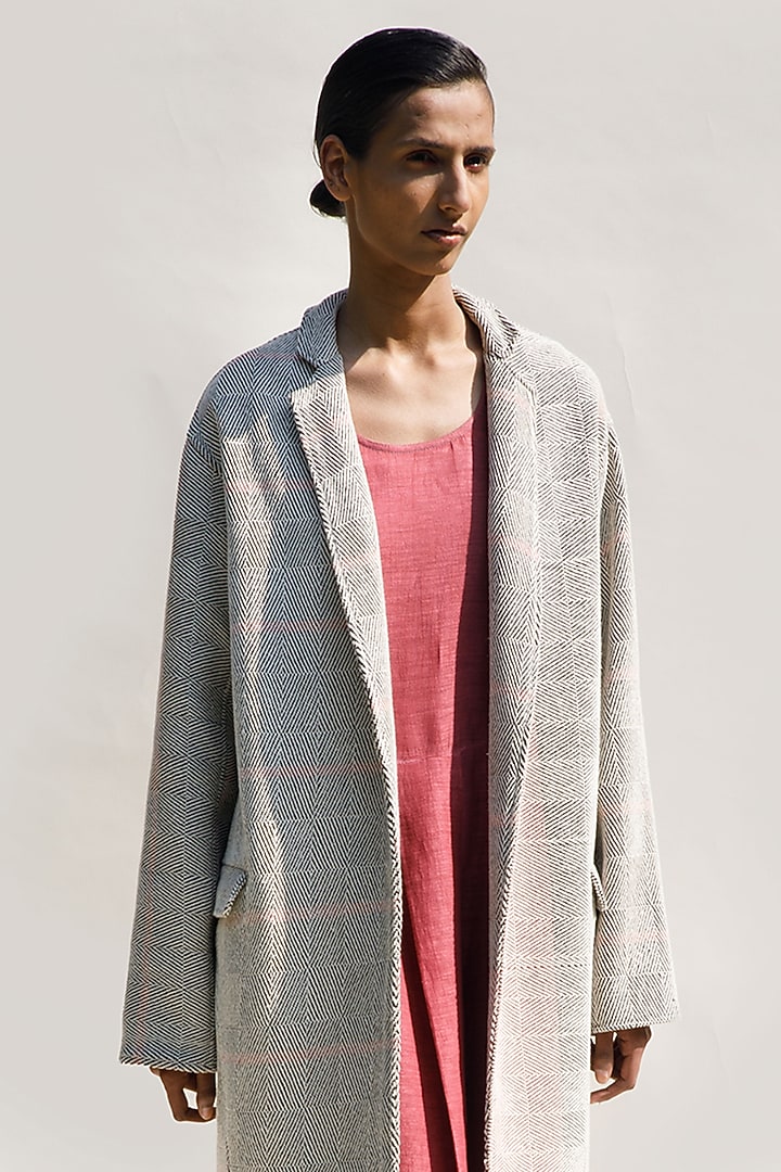 Cream Shell Handloom Cotton Block Printed Oversized Jacket by Urvashi Kaur at Pernia's Pop Up Shop