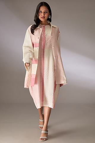 Red Handloom Striped Cotton Bead Work Shacket by Urvashi Kaur