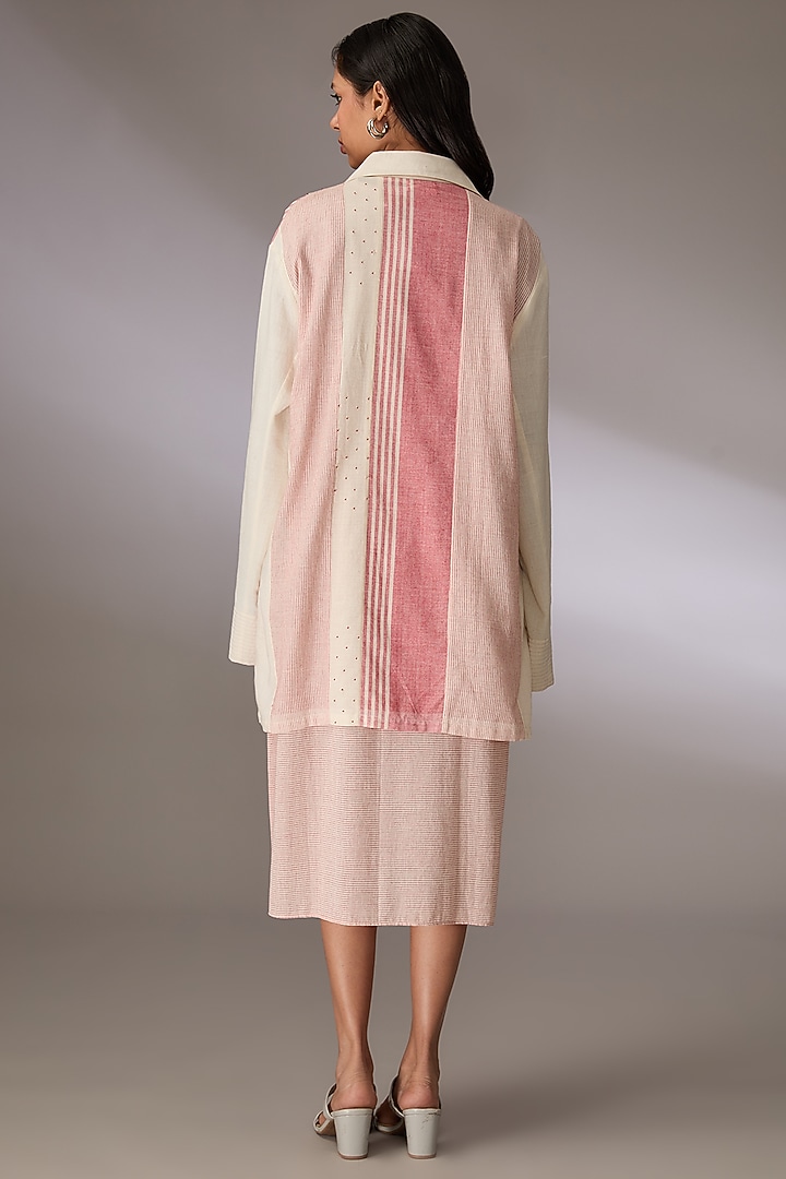 Red Handloom Striped Cotton Bead Work Shacket by Urvashi Kaur at Pernia's Pop Up Shop