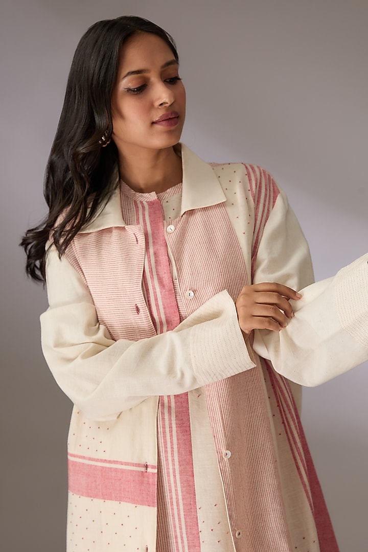 Red Handloom Striped Cotton Bead Work Shacket by Urvashi Kaur at Pernia's Pop Up Shop