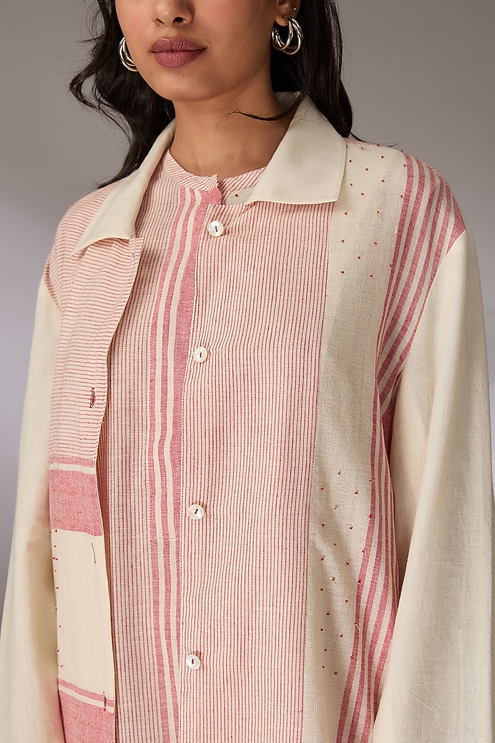 Red Handloom Striped Cotton Bead Work Shacket by Urvashi Kaur at Pernia's Pop Up Shop