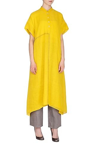 Yellow Checkered & Striped Tunic by Urvashi Kaur