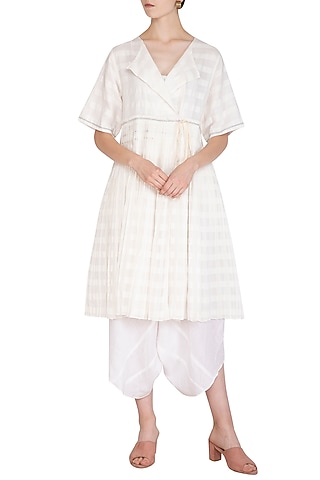 White Pleated Peplum Dress by Urvashi Kaur