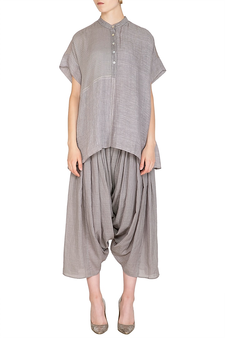 Grey Checkered & Striped Top by Urvashi Kaur at Pernia's Pop Up Shop