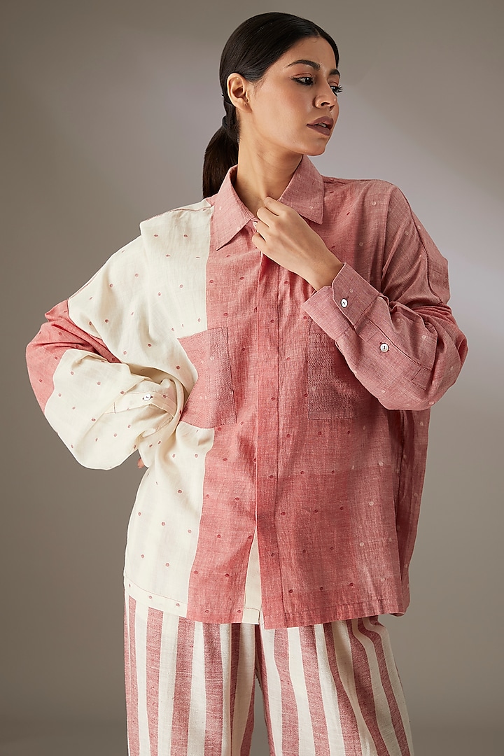 Red Handloom Dotted Jamdani Shirt by Urvashi Kaur at Pernia's Pop Up Shop