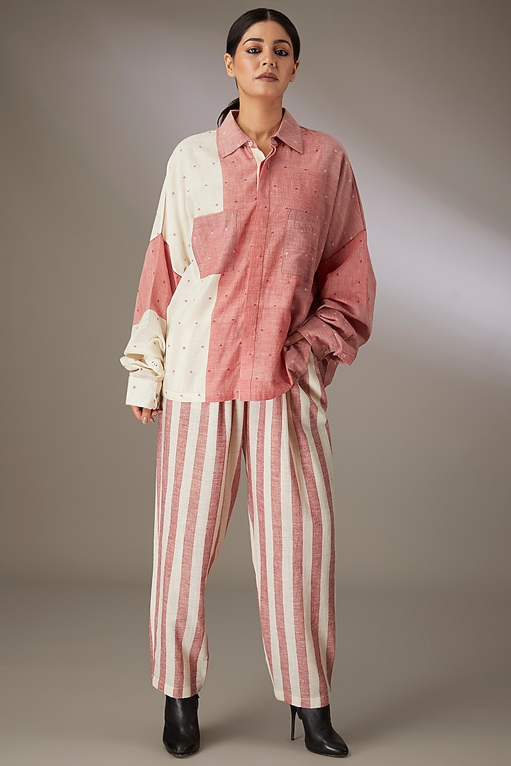 Red Handloom Dotted Jamdani Shirt by Urvashi Kaur at Pernia's Pop Up Shop
