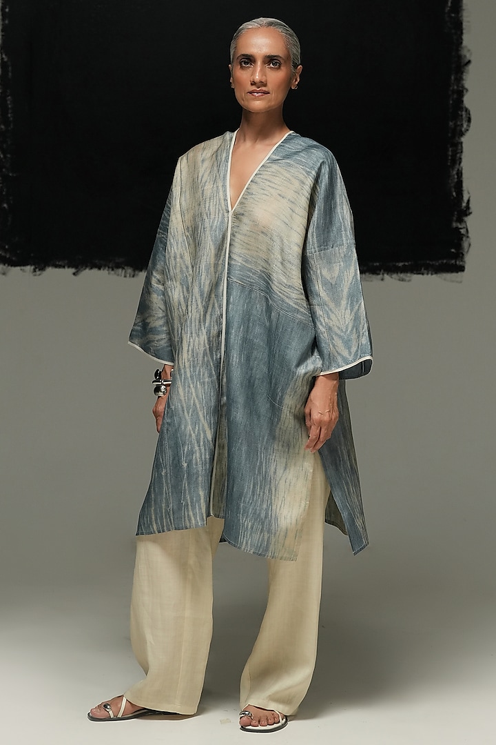 Denim Blue Handwoven Tussar Silk Tie-Dyed Tunic by Urvashi Kaur at Pernia's Pop Up Shop