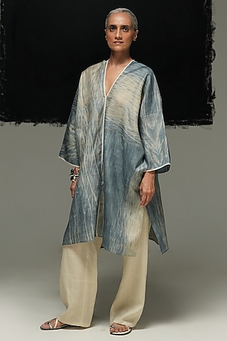 Denim Blue Handwoven Tussar Silk Tie-Dyed Tunic by Urvashi Kaur