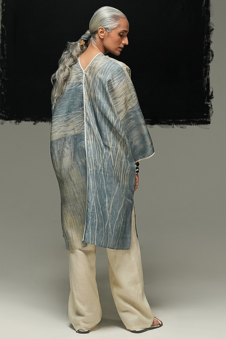 Denim Blue Handwoven Tussar Silk Tie-Dyed Tunic by Urvashi Kaur at Pernia's Pop Up Shop