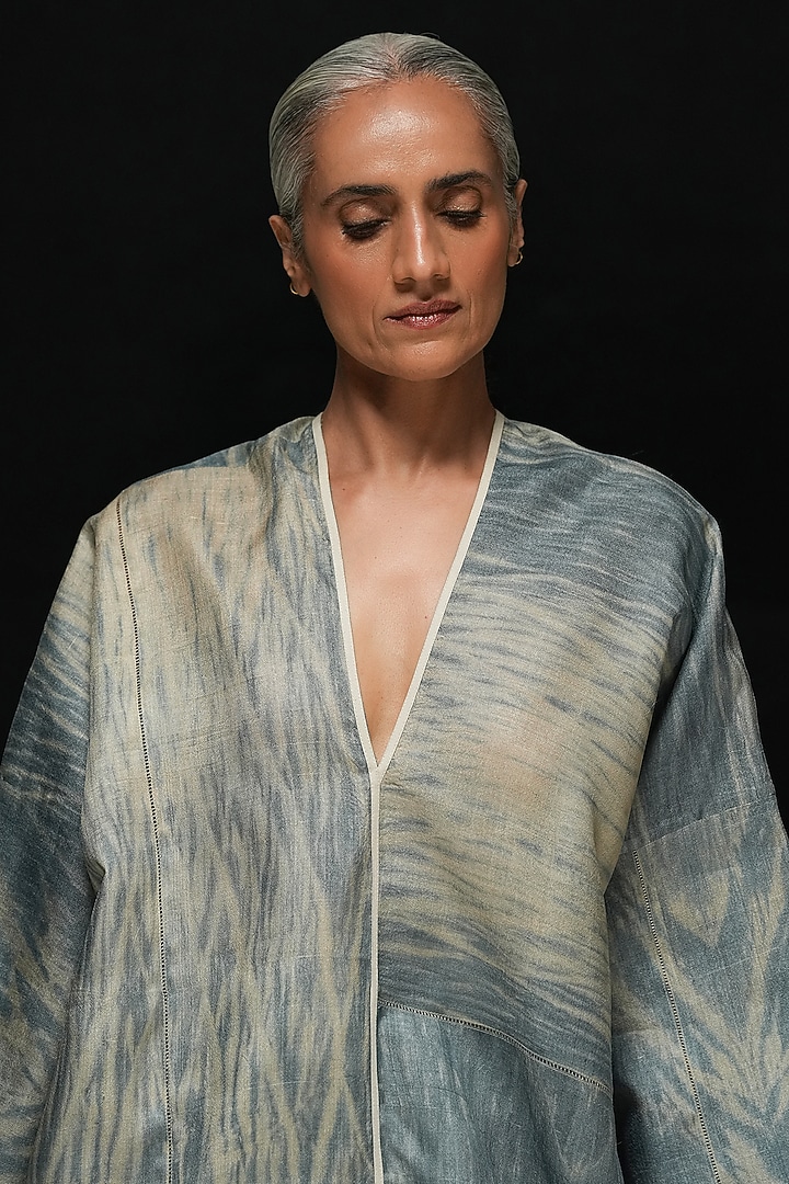 Denim Blue Handwoven Tussar Silk Tie-Dyed Tunic by Urvashi Kaur at Pernia's Pop Up Shop