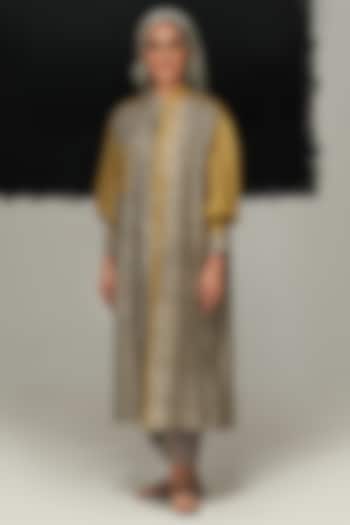 Grey & Green Handwoven Tussar Silk Tie-Dyed Vacation Shirt Dress by Urvashi Kaur at Pernia's Pop Up Shop