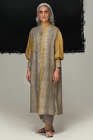 Grey & Green Handwoven Tussar Silk Tie-Dyed Shirt Dress by Urvashi Kaur