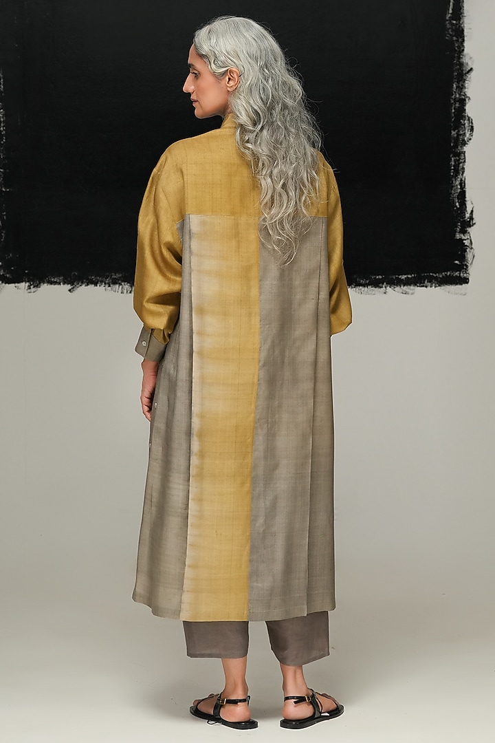 Grey & Green Handwoven Tussar Silk Tie-Dyed Vacation Shirt Dress by Urvashi Kaur at Pernia's Pop Up Shop