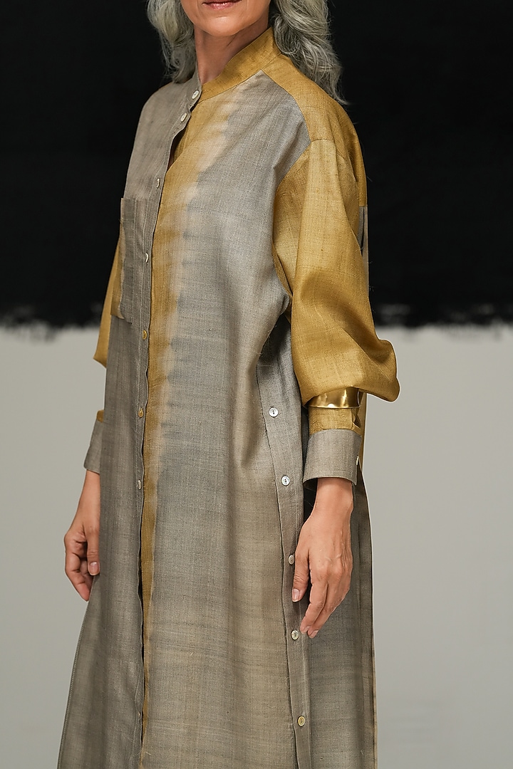 Grey & Green Handwoven Tussar Silk Tie-Dyed Vacation Shirt Dress by Urvashi Kaur at Pernia's Pop Up Shop
