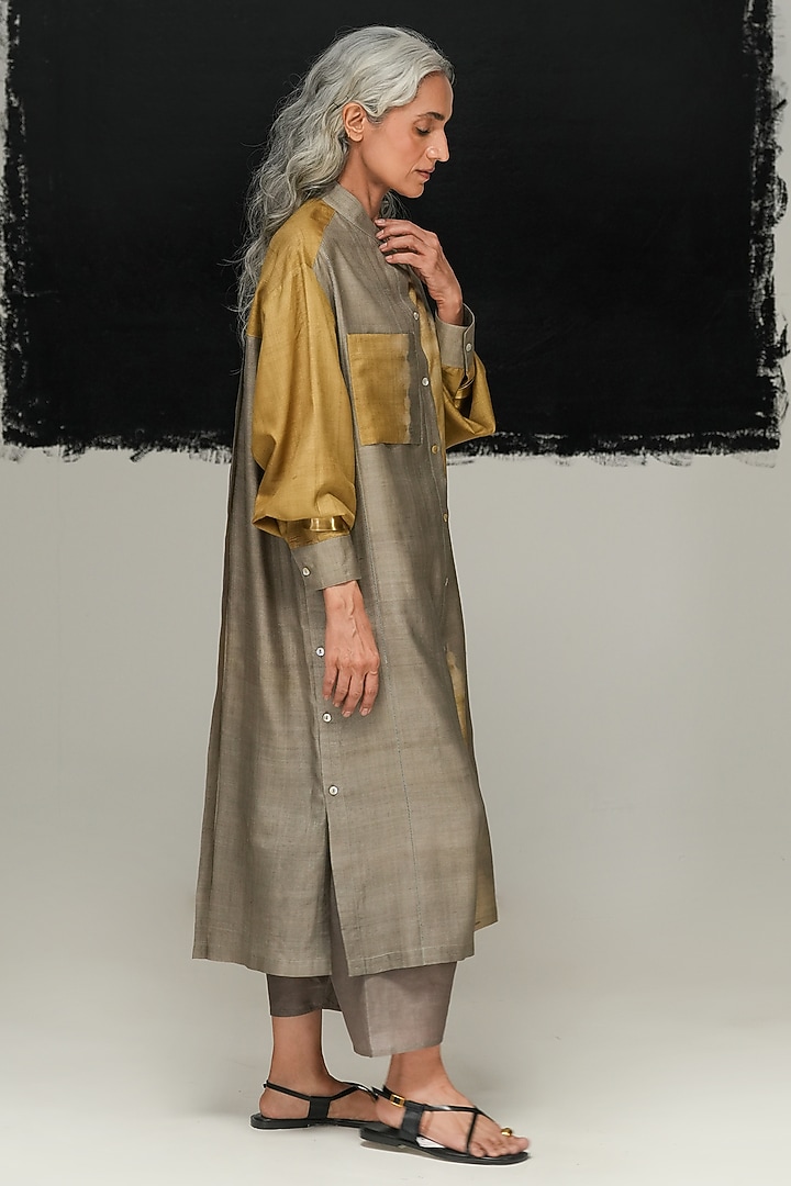 Grey & Green Handwoven Tussar Silk Tie-Dyed Vacation Shirt Dress by Urvashi Kaur at Pernia's Pop Up Shop