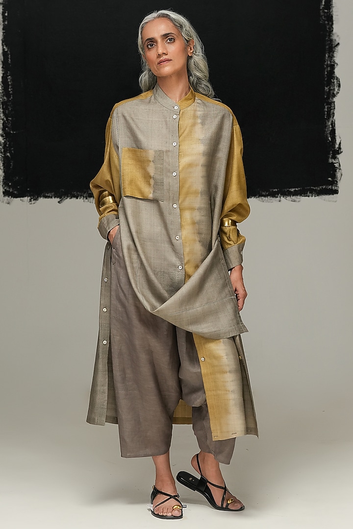 Grey & Green Handwoven Tussar Silk Tie-Dyed Vacation Shirt Dress by Urvashi Kaur at Pernia's Pop Up Shop