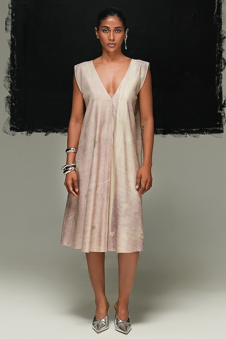 Dusty Pink Tussar & Eri Silk Printed Midi Vacation Dress by Urvashi Kaur at Pernia's Pop Up Shop