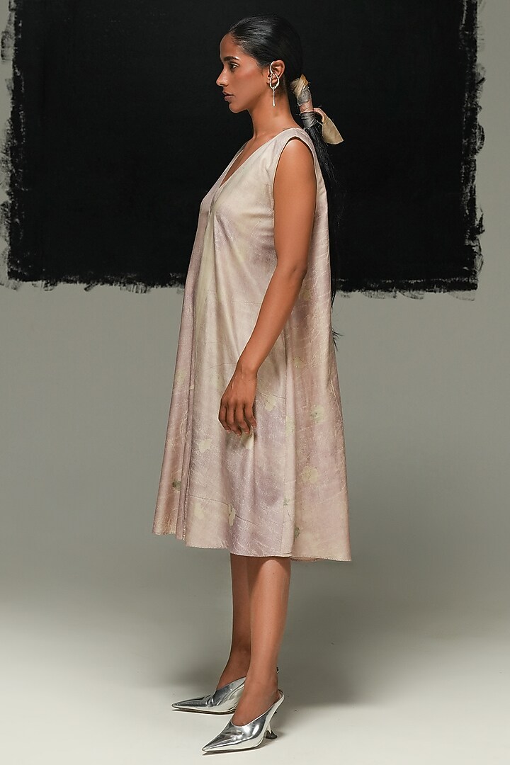 Dusty Pink Tussar & Eri Silk Printed Midi Vacation Dress by Urvashi Kaur at Pernia's Pop Up Shop
