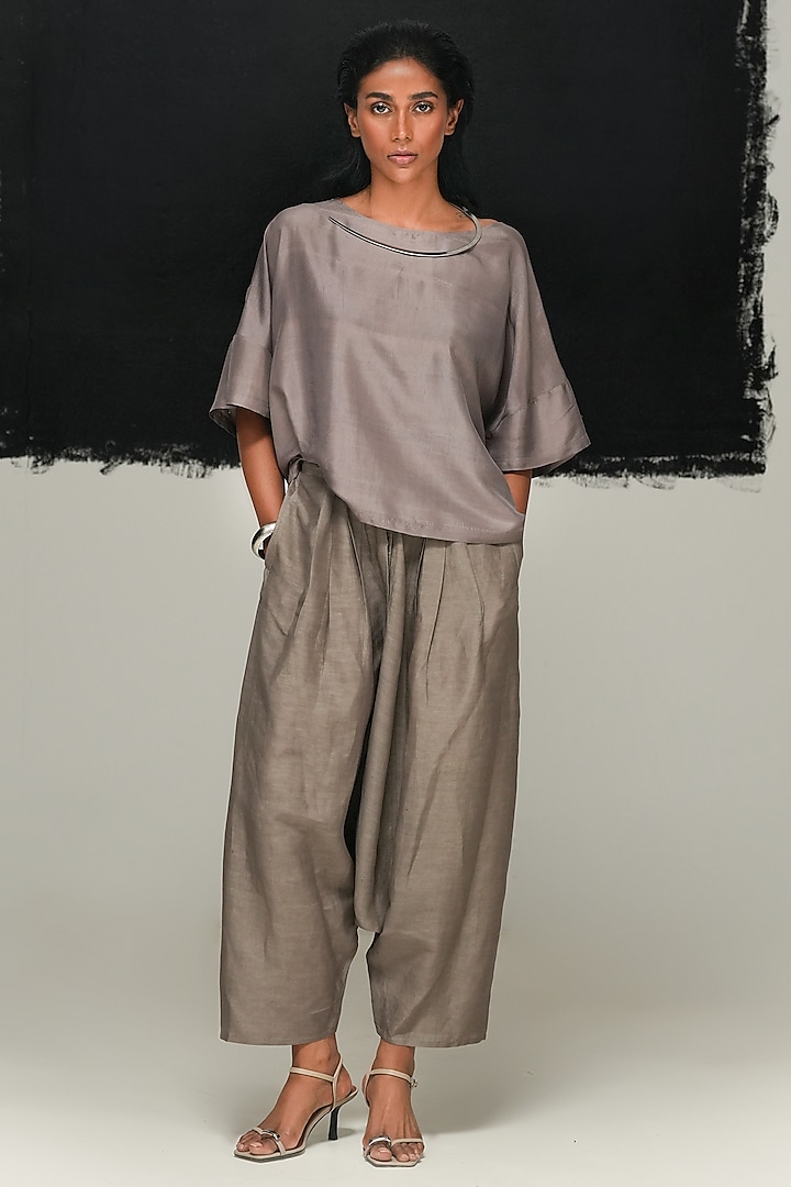 Steel Grey Handwoven Mulberry Silk Top by Urvashi Kaur at Pernia's Pop Up Shop