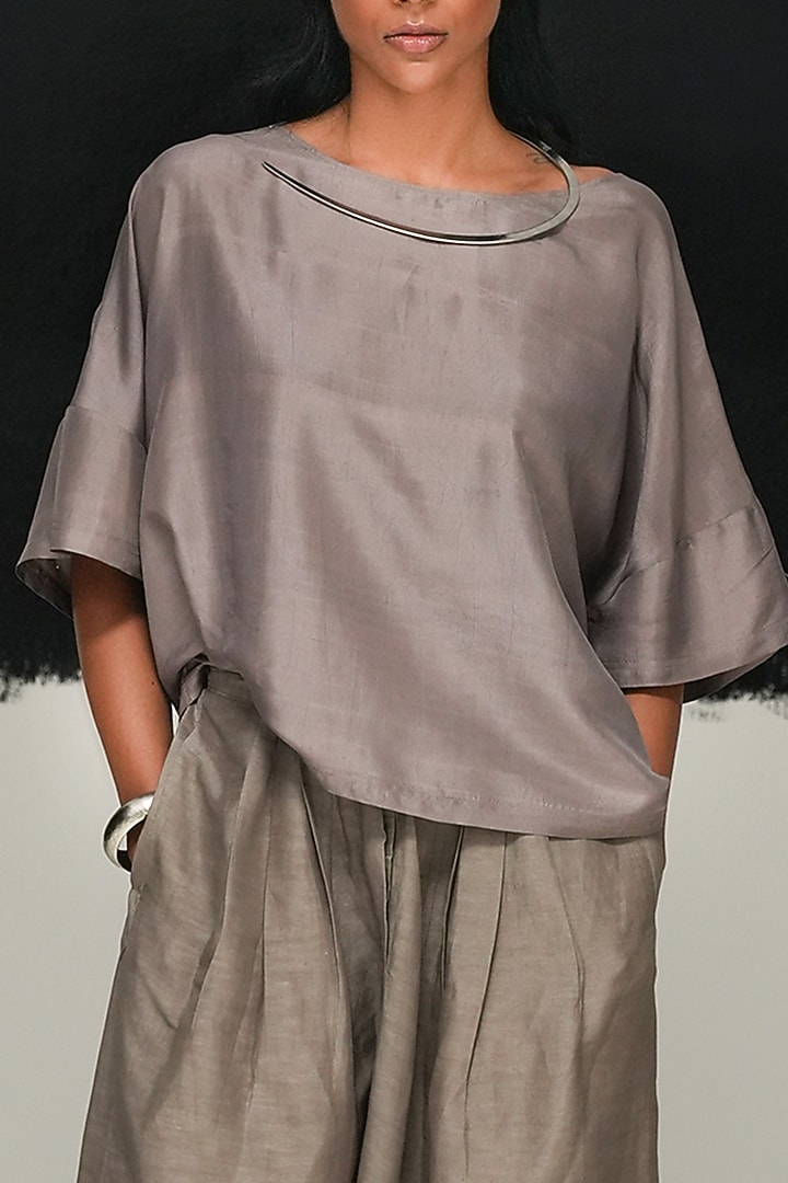 Steel Grey Handwoven Mulberry Silk Top by Urvashi Kaur at Pernia's Pop Up Shop