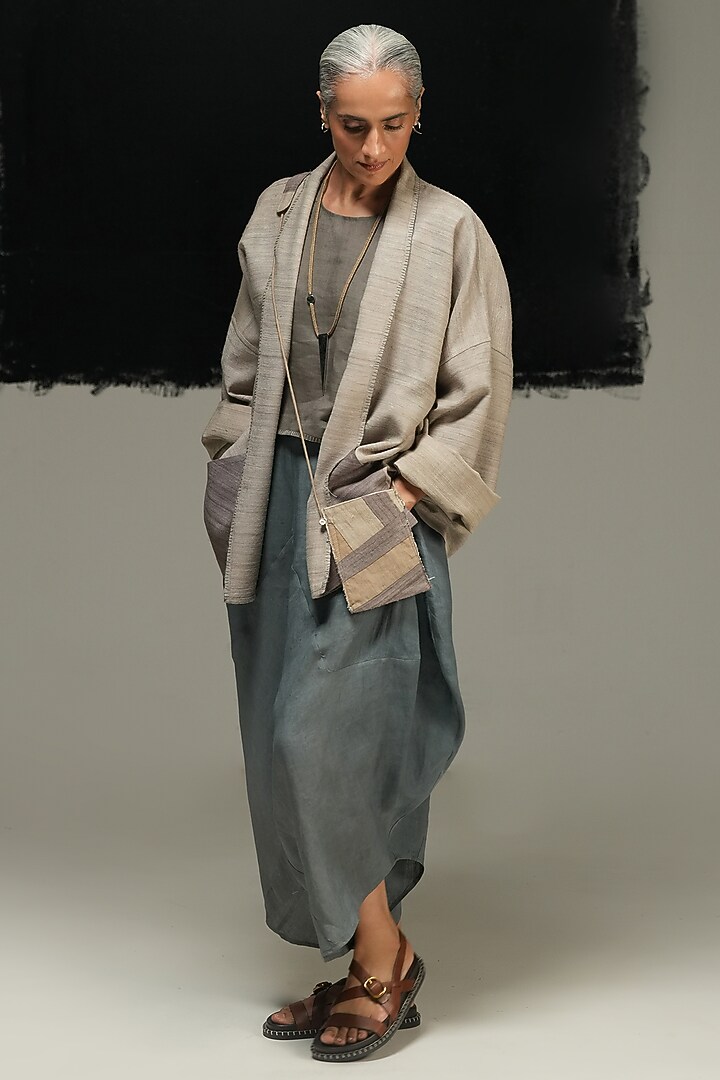 Warm Grey Handwoven Eri Silk Jacket by Urvashi Kaur at Pernia's Pop Up Shop