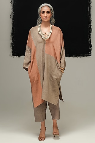 Warm Grey & Rust Linen Tunic by Urvashi Kaur