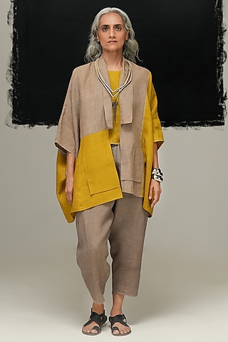Warm Grey & Avocado Green Linen Jacket by Urvashi Kaur
