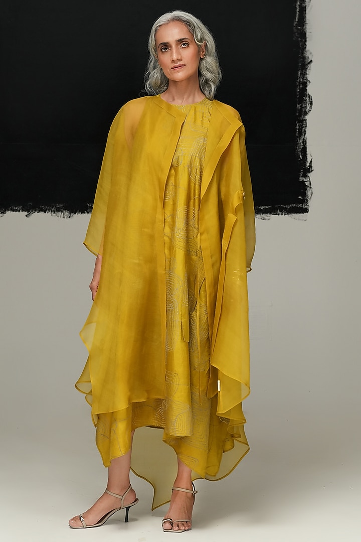 Avocado Green Handwoven Organza Overlay by Urvashi Kaur at Pernia's Pop Up Shop