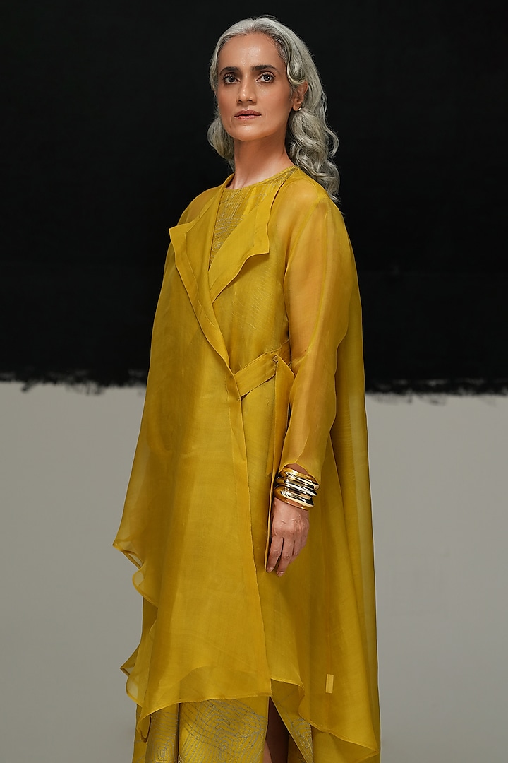 Avocado Green Handwoven Organza Overlay by Urvashi Kaur at Pernia's Pop Up Shop