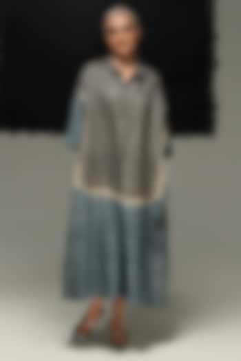 Steel Grey & Denim Blue Handwoven Tussar Silk Tie-Dyed Vacation Dress by Urvashi Kaur at Pernia's Pop Up Shop