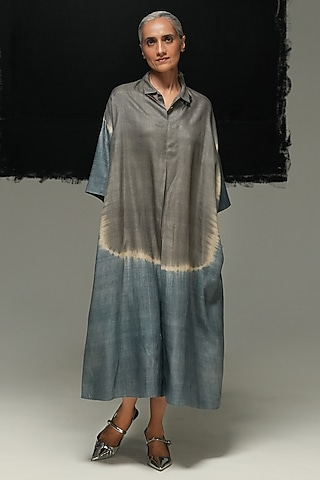 Steel Grey & Denim Blue Handwoven Tussar Silk Tie-Dyed Dress by Urvashi Kaur