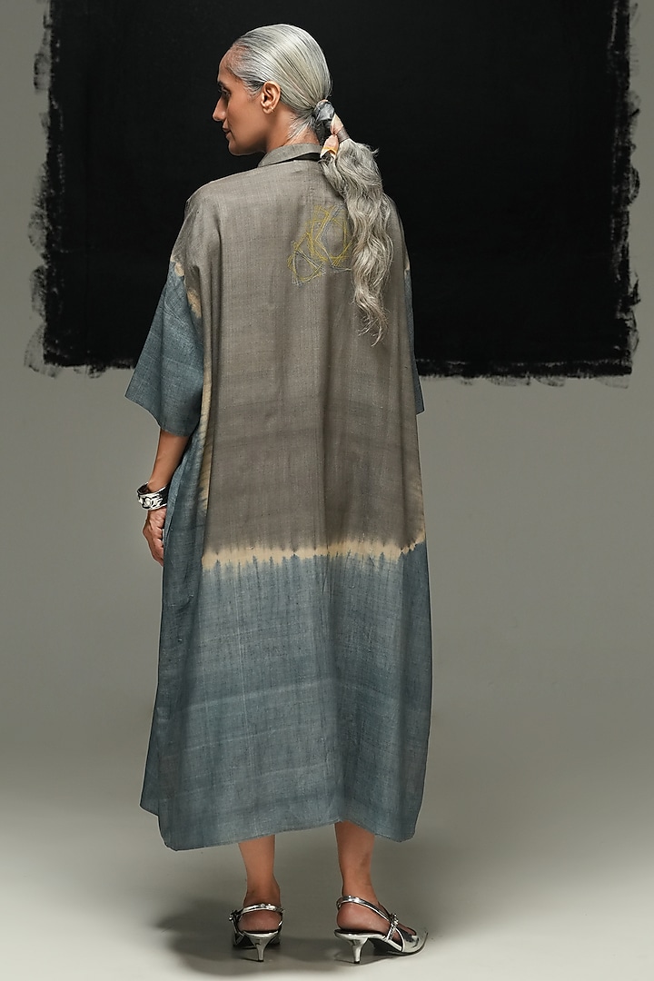 Steel Grey & Denim Blue Handwoven Tussar Silk Tie-Dyed Vacation Dress by Urvashi Kaur at Pernia's Pop Up Shop