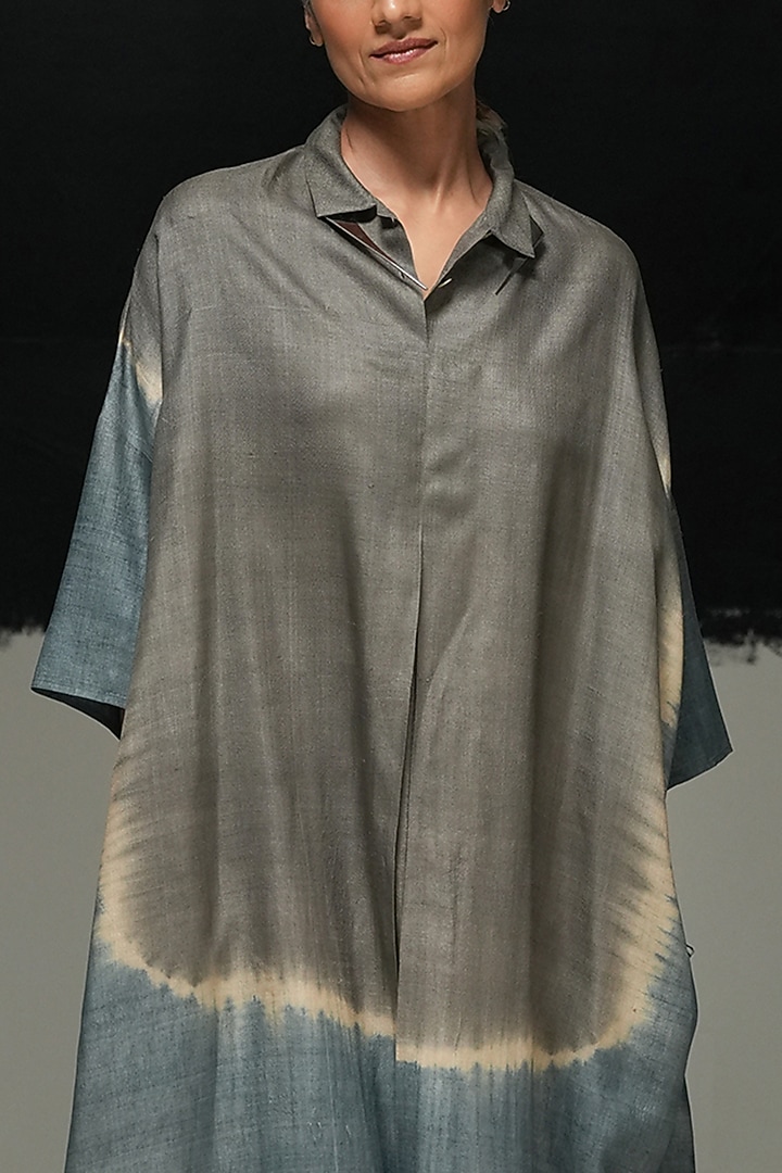 Steel Grey & Denim Blue Handwoven Tussar Silk Tie-Dyed Vacation Dress by Urvashi Kaur at Pernia's Pop Up Shop