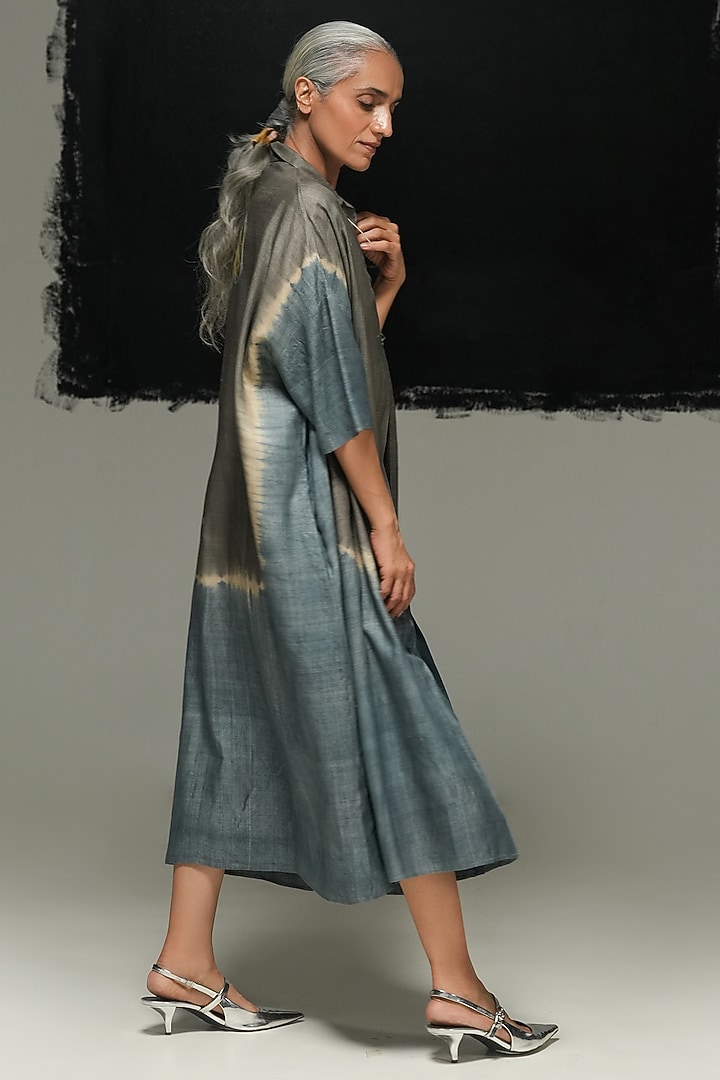 Steel Grey & Denim Blue Handwoven Tussar Silk Tie-Dyed Vacation Dress by Urvashi Kaur at Pernia's Pop Up Shop