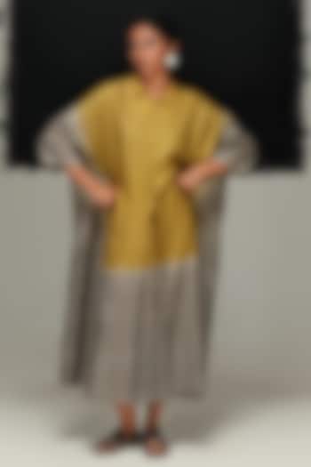 Steel Grey & Green Handwoven Tussar Silk Tie-Dyed Vacation Dress by Urvashi Kaur at Pernia's Pop Up Shop