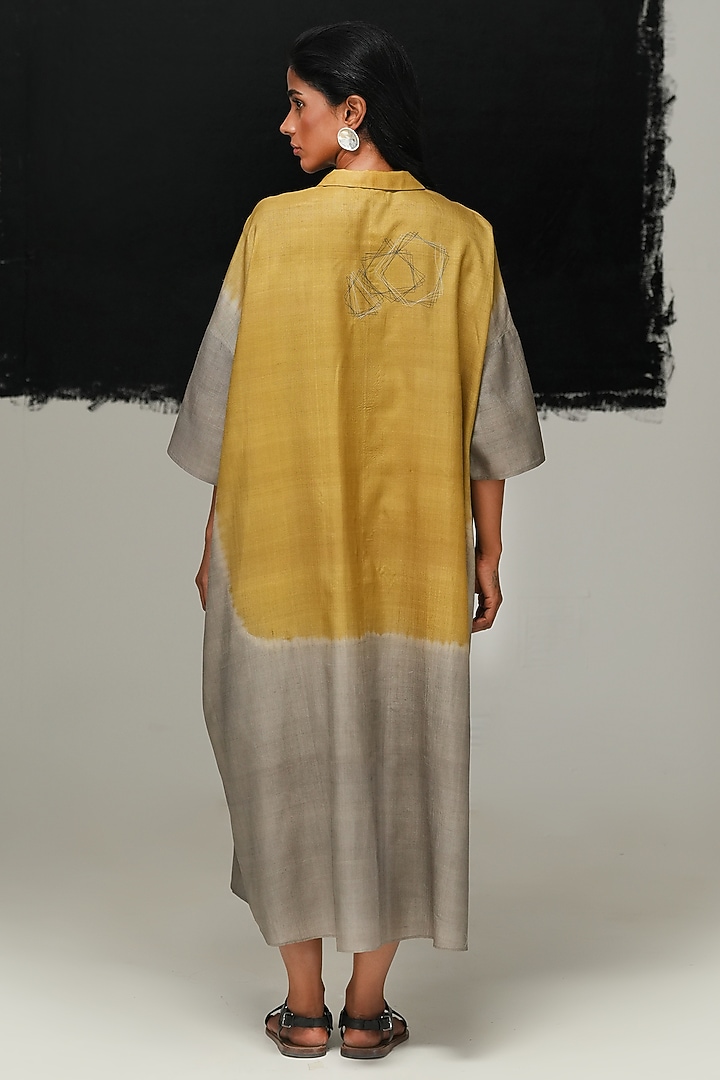 Steel Grey & Green Handwoven Tussar Silk Tie-Dyed Vacation Dress by Urvashi Kaur at Pernia's Pop Up Shop