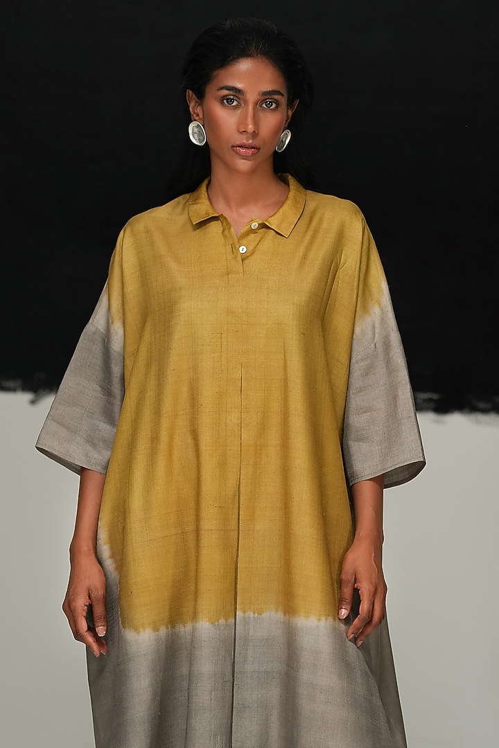 Steel Grey & Green Handwoven Tussar Silk Tie-Dyed Vacation Dress by Urvashi Kaur at Pernia's Pop Up Shop