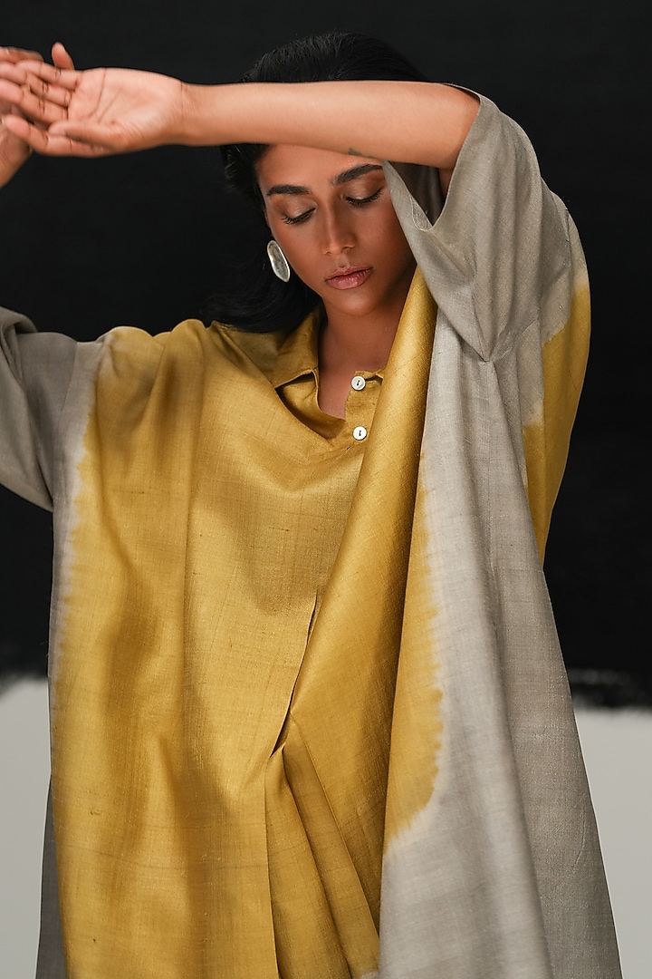 Steel Grey & Green Handwoven Tussar Silk Tie-Dyed Vacation Dress by Urvashi Kaur at Pernia's Pop Up Shop