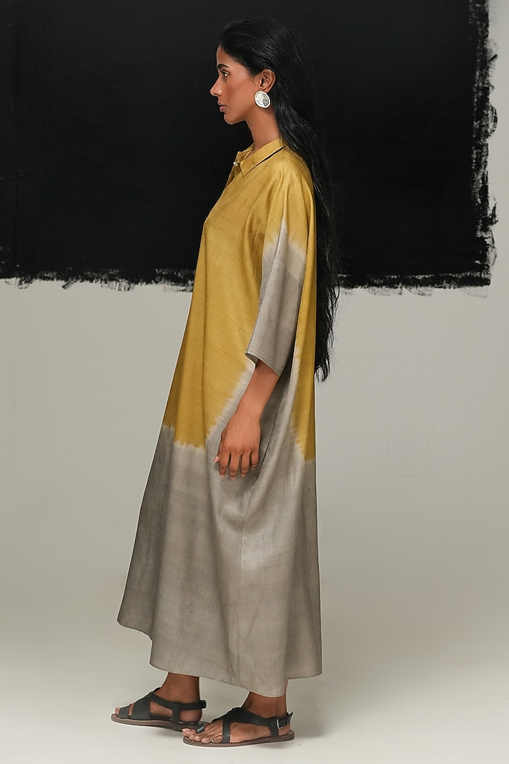 Steel Grey & Green Handwoven Tussar Silk Tie-Dyed Vacation Dress by Urvashi Kaur at Pernia's Pop Up Shop