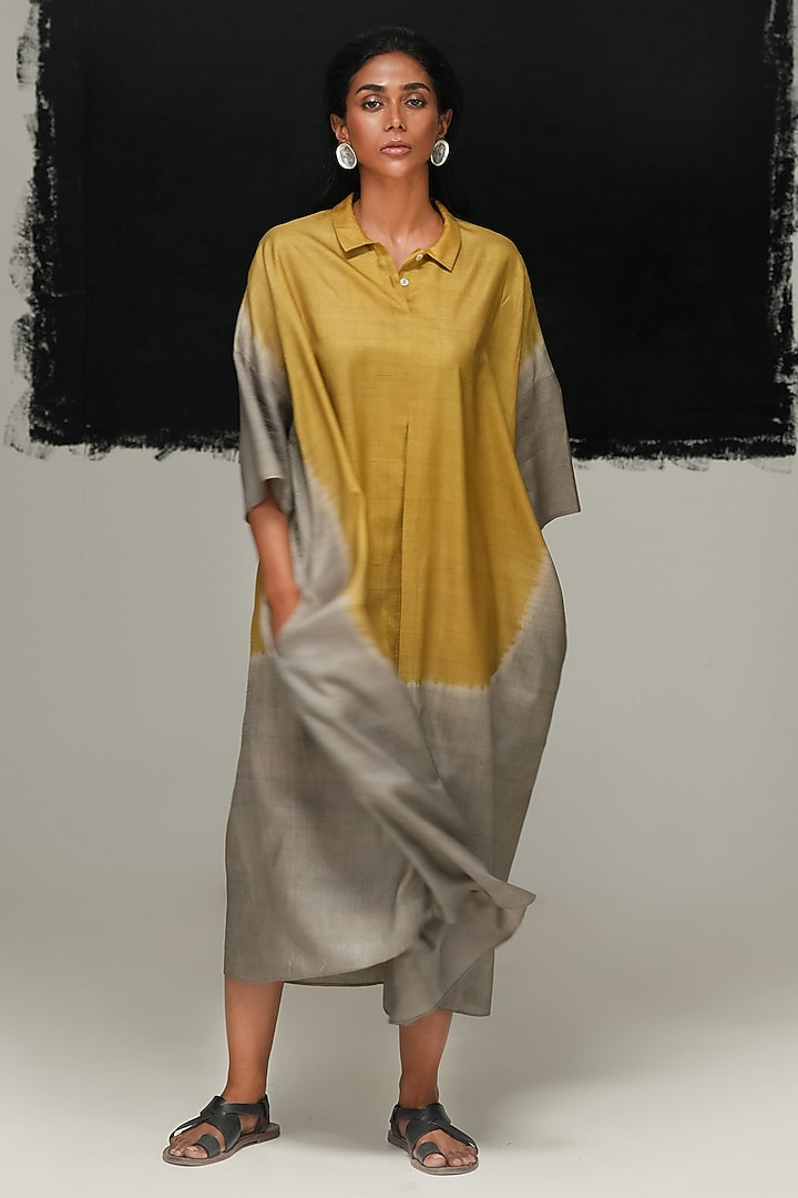 Steel Grey & Green Handwoven Tussar Silk Tie-Dyed Vacation Dress by Urvashi Kaur at Pernia's Pop Up Shop