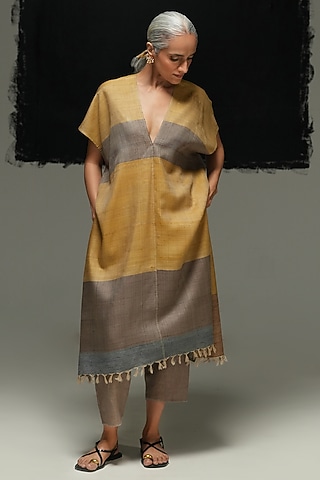 Multi-Colored Handwoven Striped Tussar Silk Tunic by Urvashi Kaur