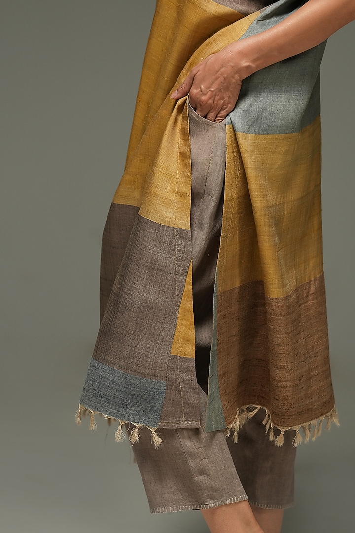 Multi-Colored Handwoven Striped Tussar Silk Tunic by Urvashi Kaur at Pernia's Pop Up Shop
