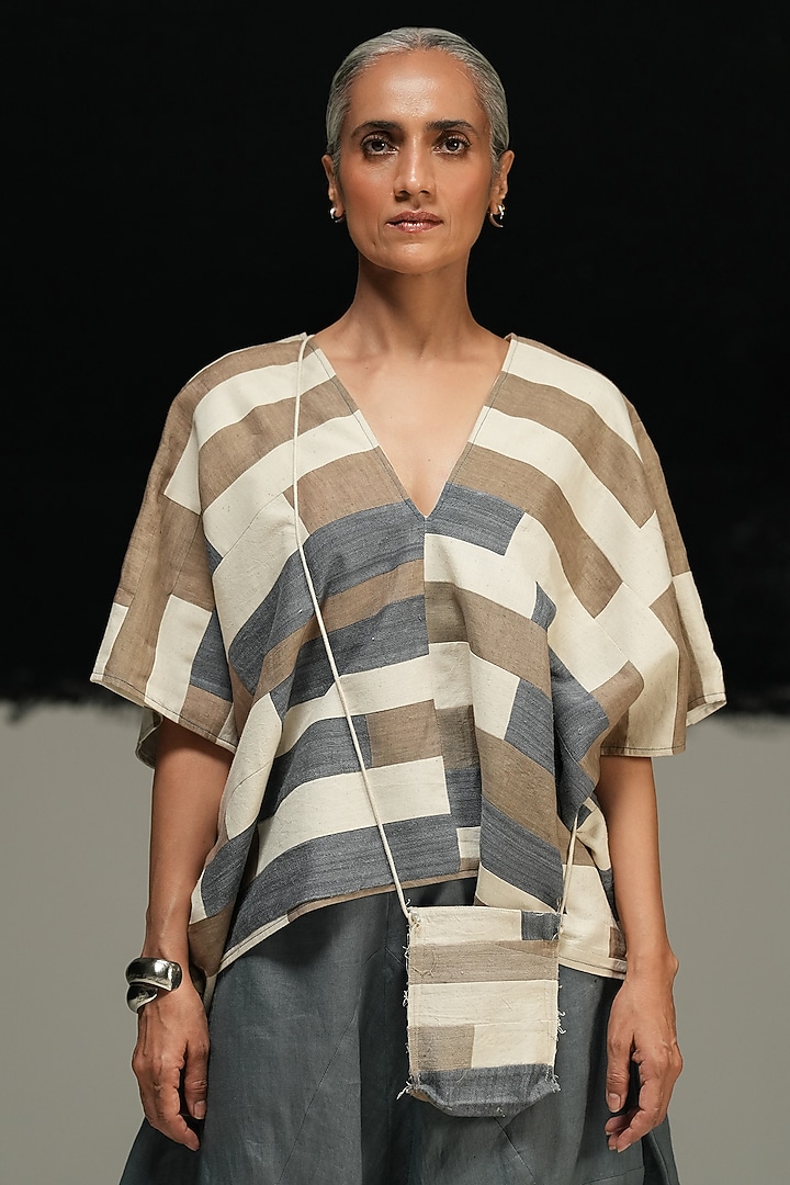 Multi-Colored Tussar Handwoven Silk Top by Urvashi Kaur at Pernia's Pop Up Shop