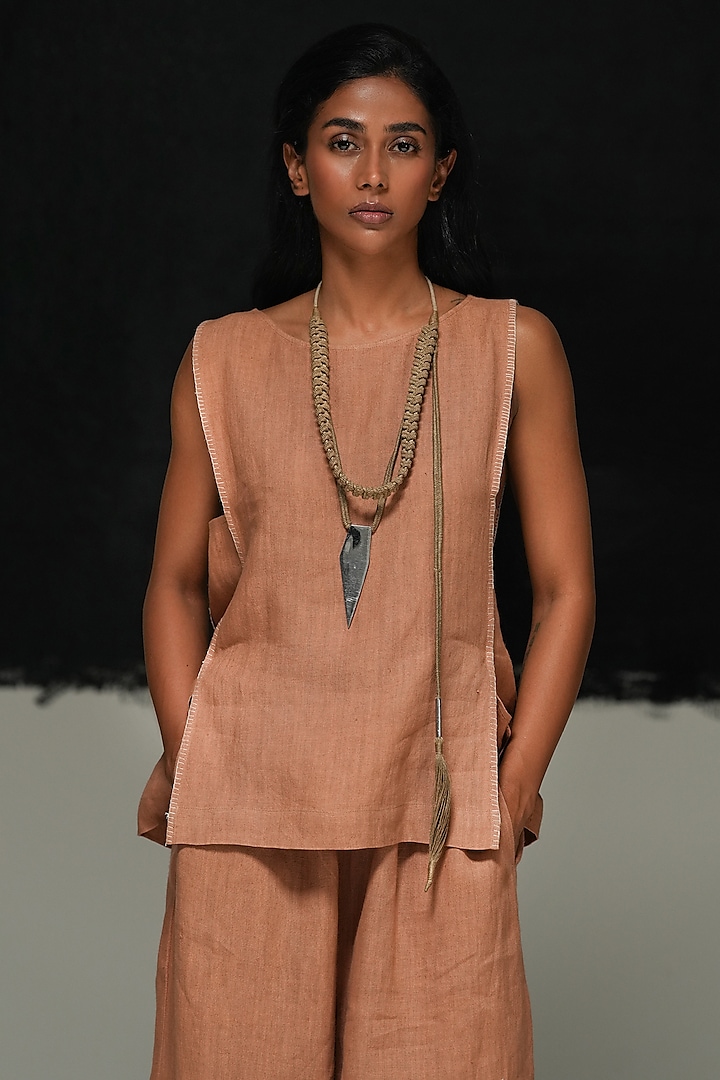 Rust Handwoven Linen Top by Urvashi Kaur at Pernia's Pop Up Shop