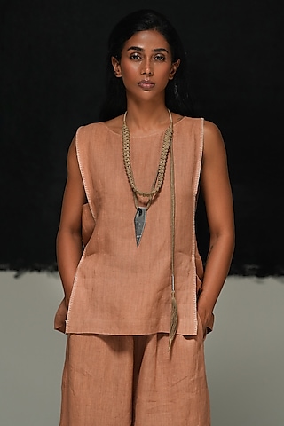 Rust Handwoven Linen Top by Urvashi Kaur